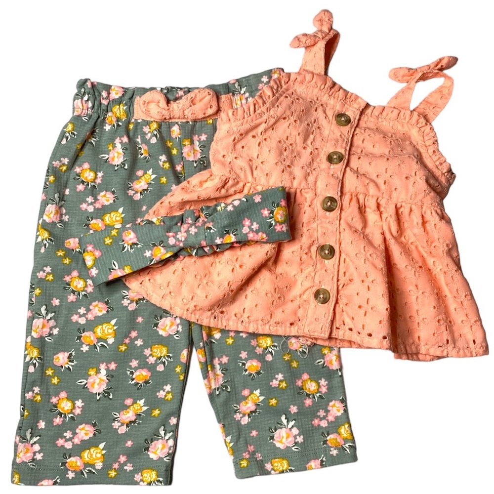 Little Lass Green Orange Floral 3-Piece Set Tank Top Pants Headband Size 24M